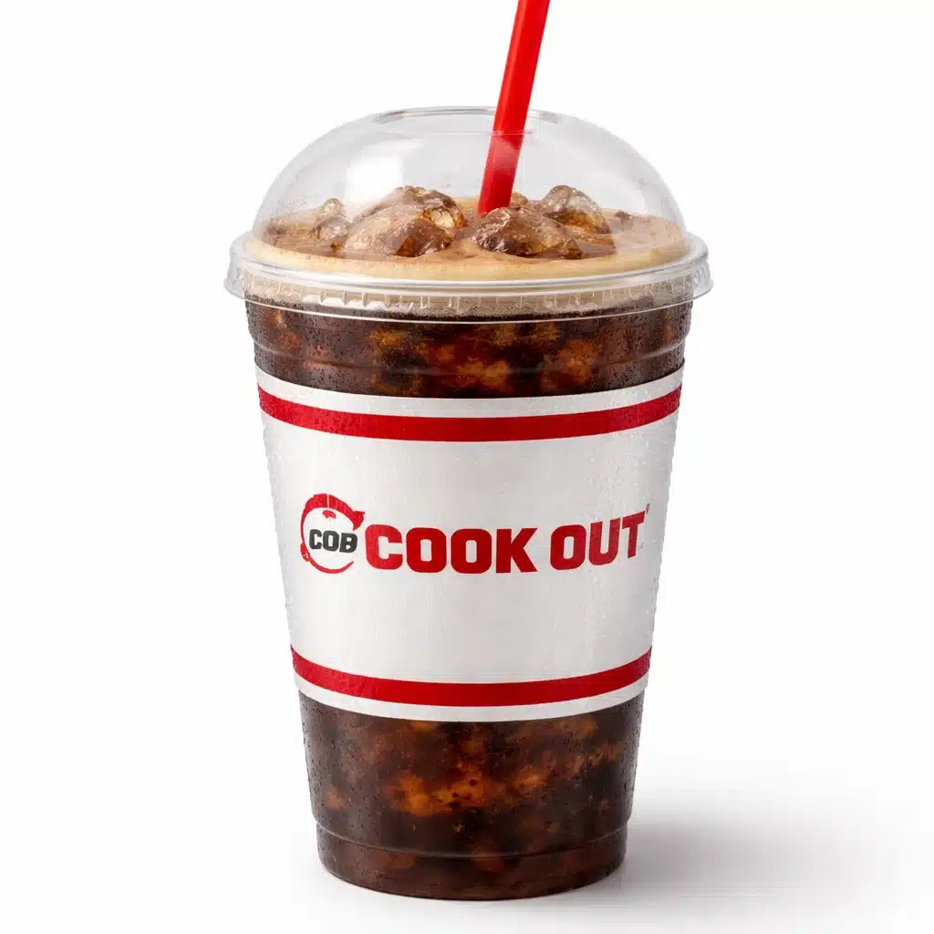 Root Beer soft drink served in a Cookout paper cup with ice and straw on white background