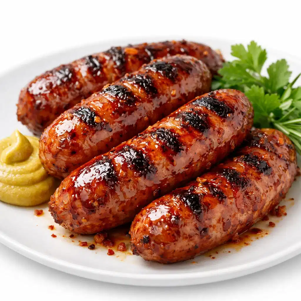 "Delicious spicy sausages grilled to perfection, served with mustard and fresh herbs, against a white background."