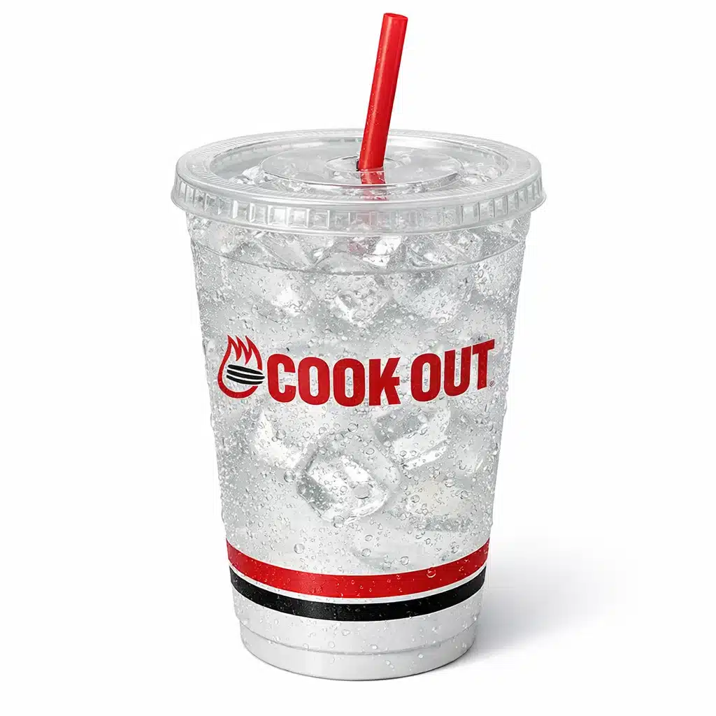 Sprite soft drink served in a Cookout paper cup with ice and straw