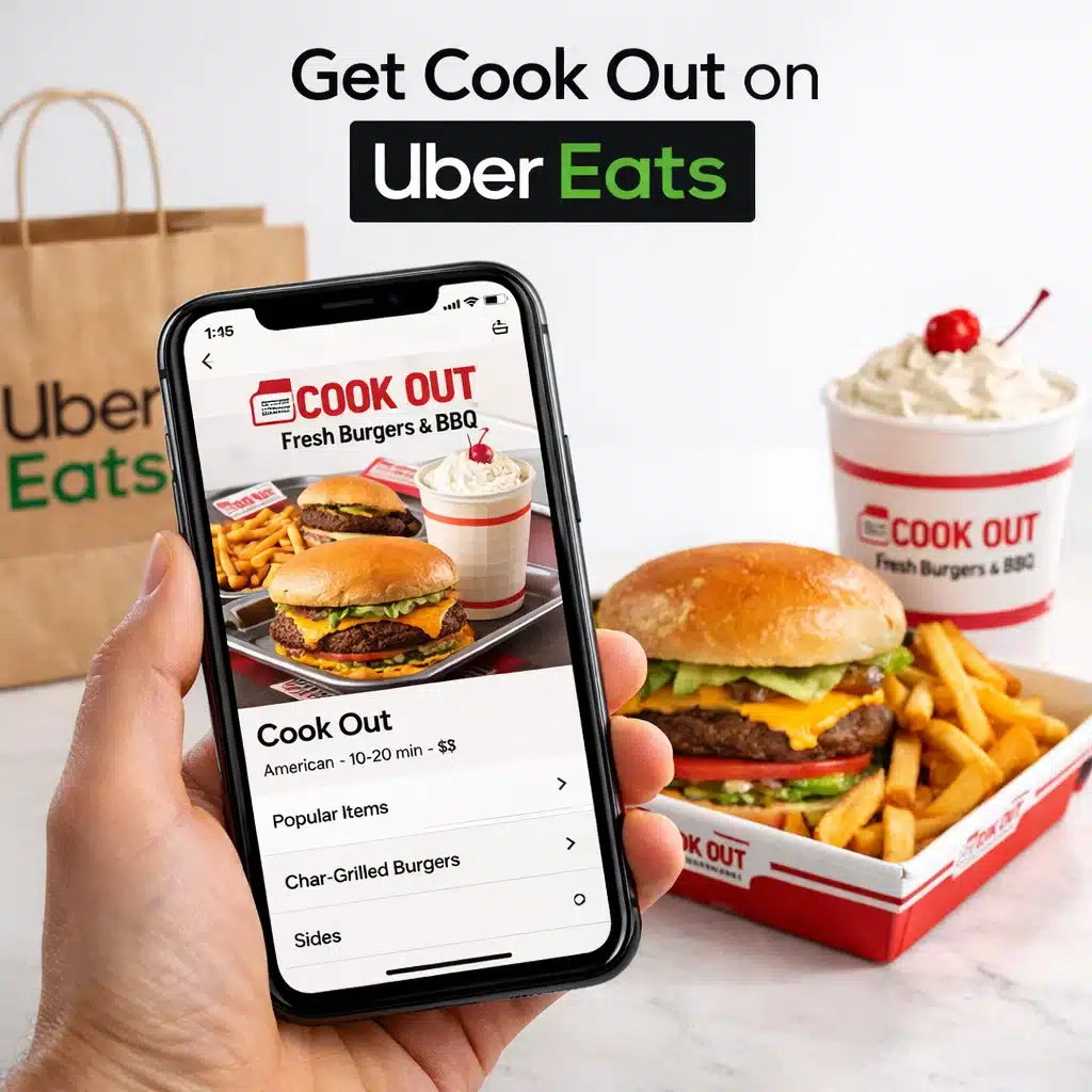 Cookout delivery available on Uber Eats burger, fries, and milkshake.