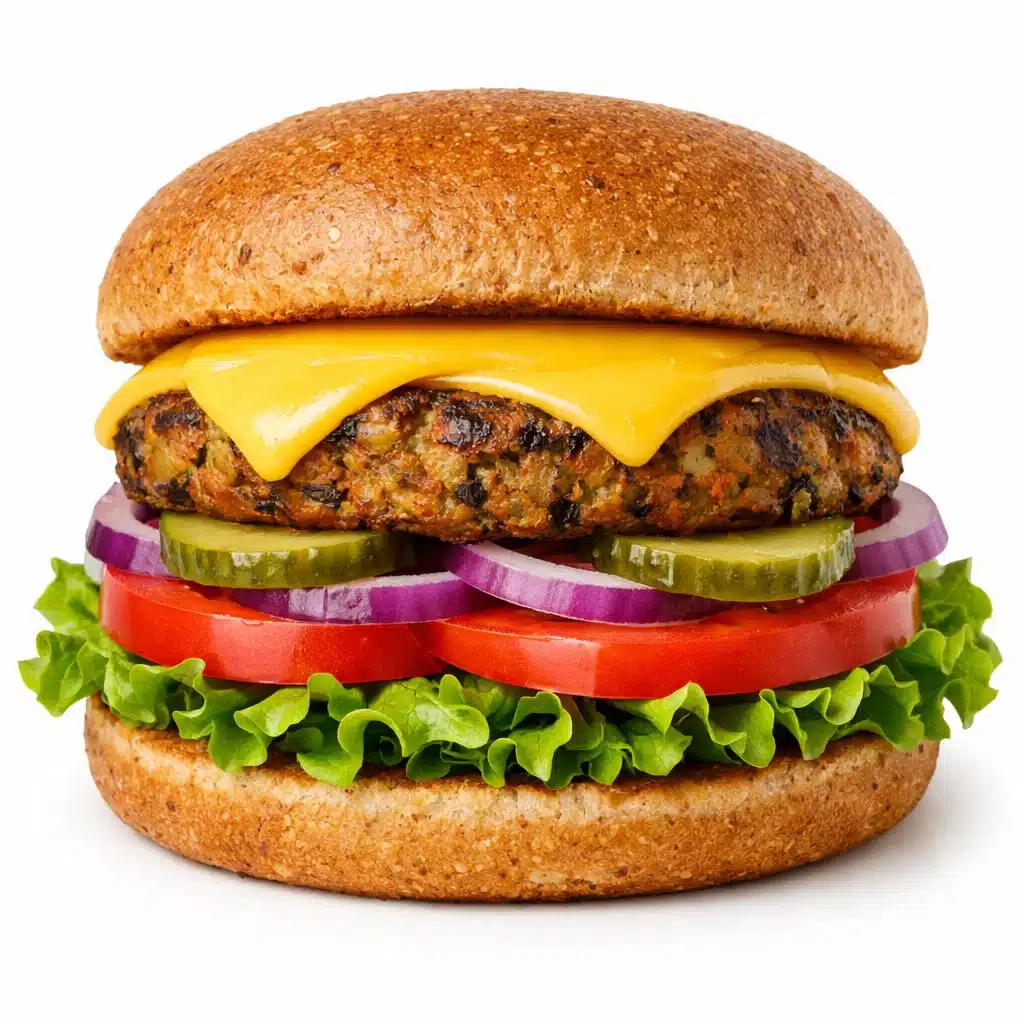 "A tasty veggie burger with a grilled veggie patty, fresh toppings, and melted cheese, served on a toasted whole wheat bun."