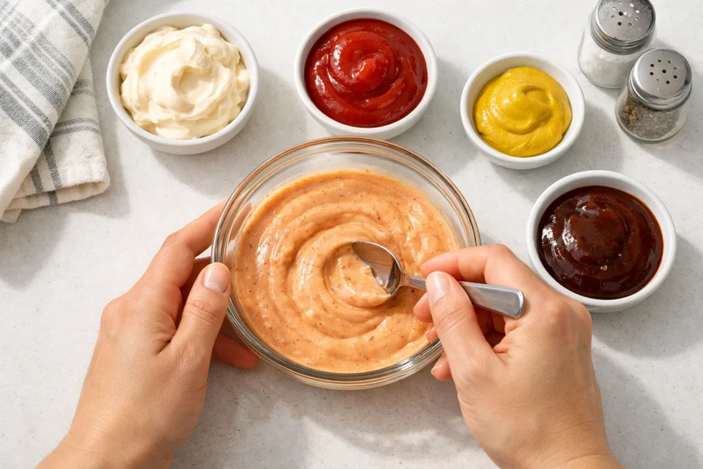 Mixing ingredients to make cookout sauce at home in a bowl