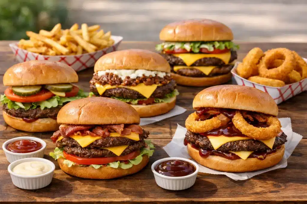 Complete Cookout burger menu with different burgers including cheeseburger and double burger on table