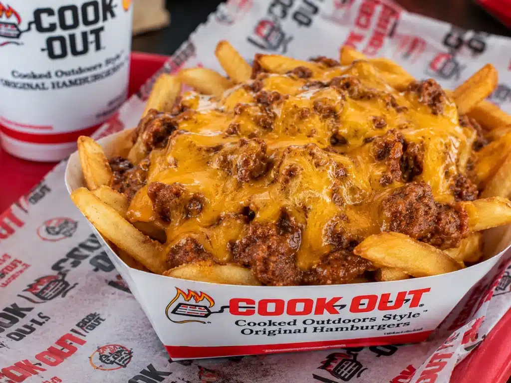 Cookout chili cheese fries with chili and melted cheese